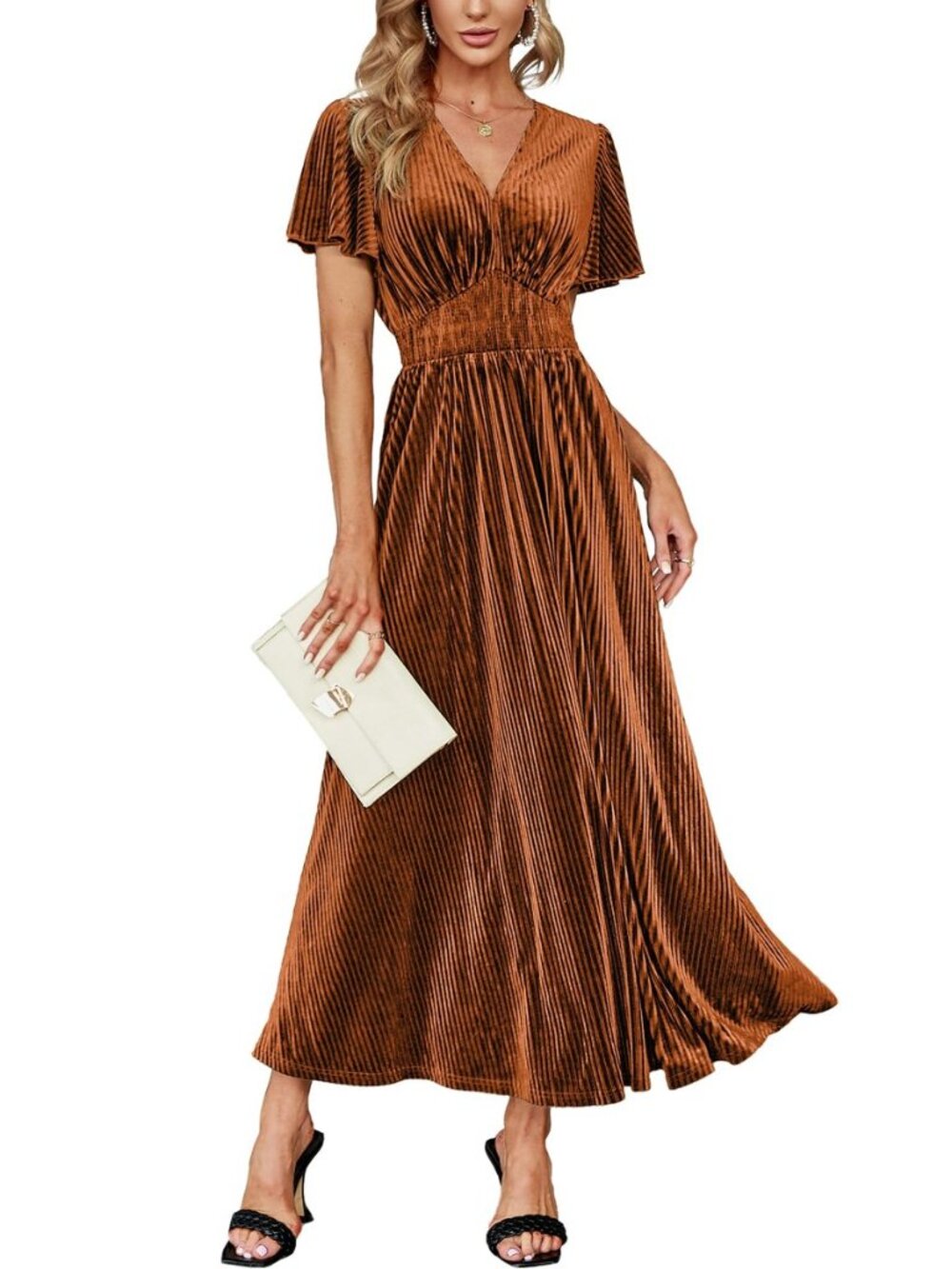 Women’s V Neck Velvet Maxi Dress Short Sleeve Empire Waist Long Formal Dress for